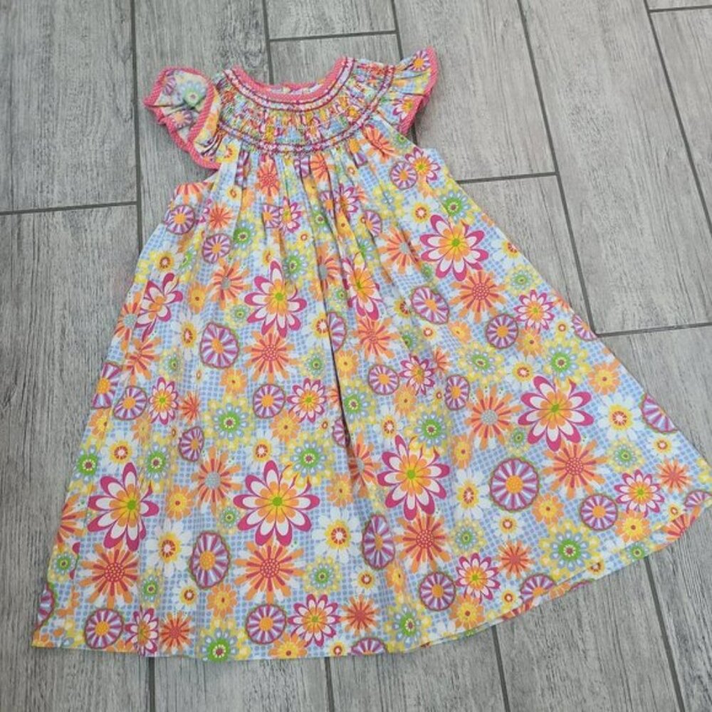 Petit Ami toddler girls short sleeve summer floral smocked dress blue & pink 4T